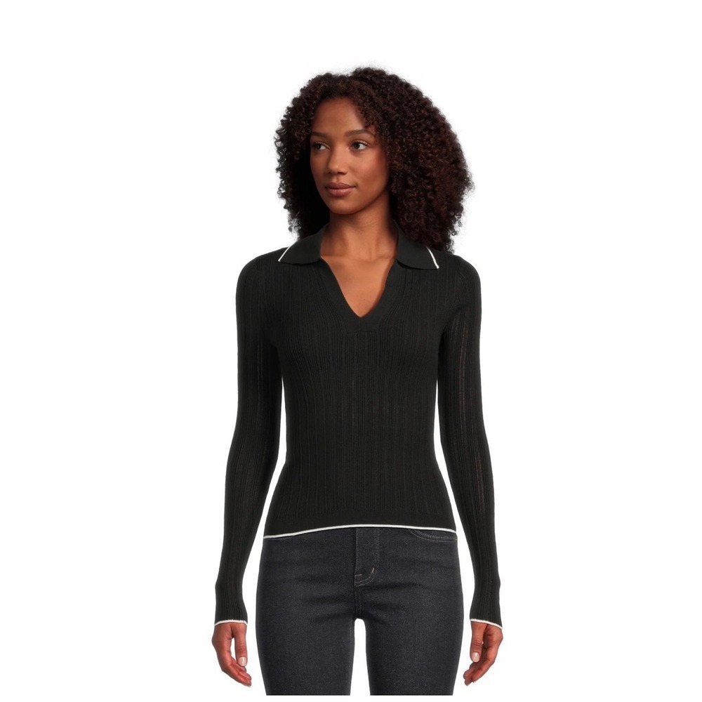 Madewell Womens Black‎ Ribbed Knit Tipped V-Neck Polo Sweater Size L